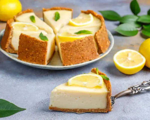 Deliciosa tarta de limón sin horno, cremosa y refrescante, decorada con rodajas de limón y hojas de menta.