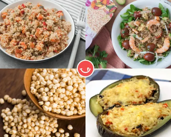 Platos deliciosos con quinoa: ensalada con camarones, berenjenas rellenas y granos de quinoa. ¡Descubre qué es la quinoa!