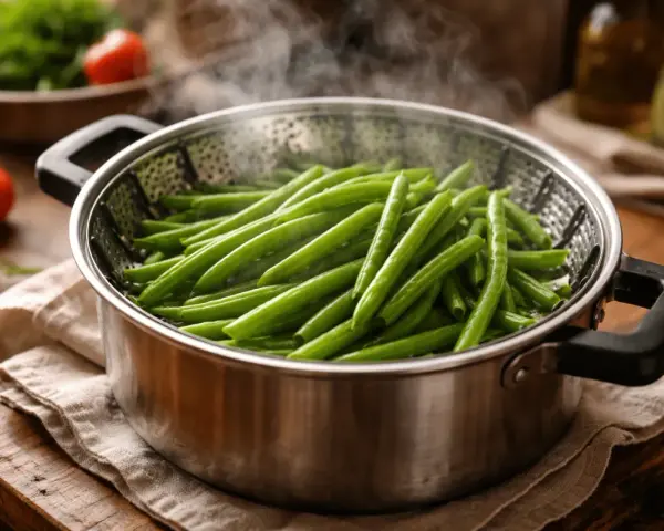 Judías verdes frescas y vibrantes humeando en una vaporera de metal, listas para ser parte de una comida saludable.