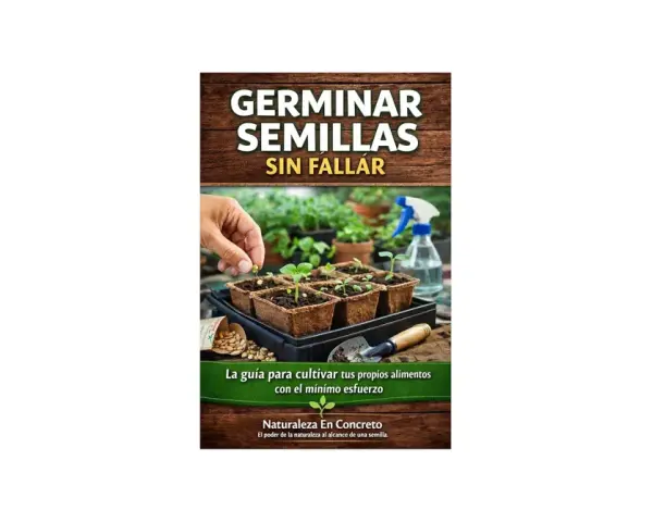Guía para germinar semillas sin fallar, mostrando manos plantando brotes en macetas y una botella rociadora.