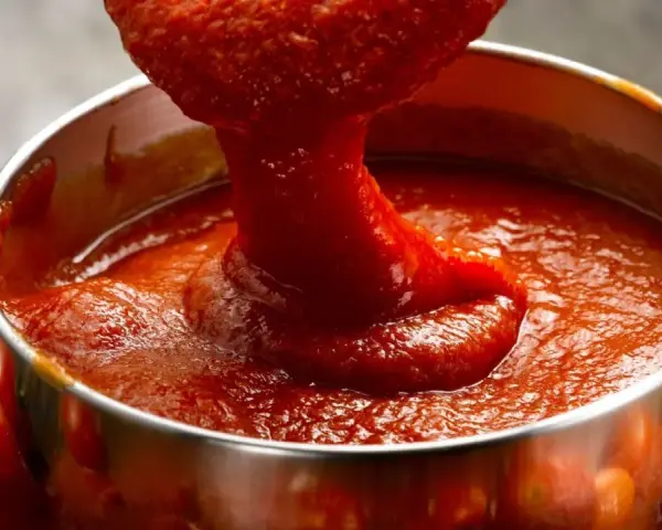 Salsa de tomate italiano espesa cayendo de una cuchara a un cuenco metálico, rodeado de tomates frescos.