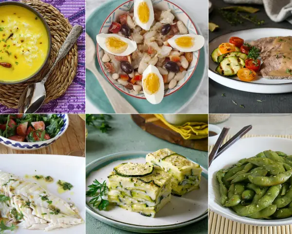 Collage de seis platos: sopa amarilla, ensalada de judías, carne con verduras, pescado al horno, lasaña de calabacín y edamame. Ideas de recetas saludables para comer.