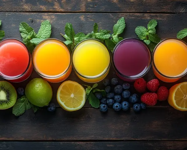 Cinco vasos de zumos de colores vibrantes, rodeados de frutas frescas como limones, kiwis, fresas, frambuesas y arándanos. Una opción saludable de zumos para la anemia.