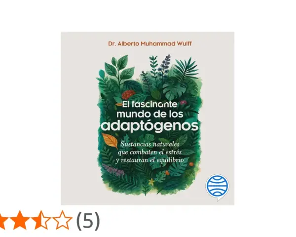 Ilustración de un libro sobre adaptógenos naturales, con plantas exuberantes y el título "El fascinante mundo de los adaptógenos".