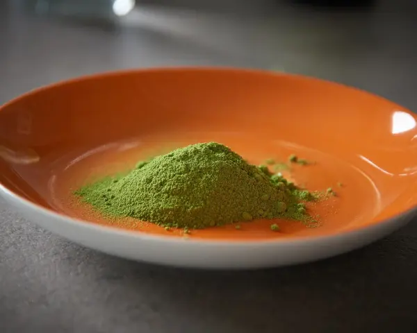 Montículo de polvo verde vibrante, polvo de moringa, en un plato naranja brillante.