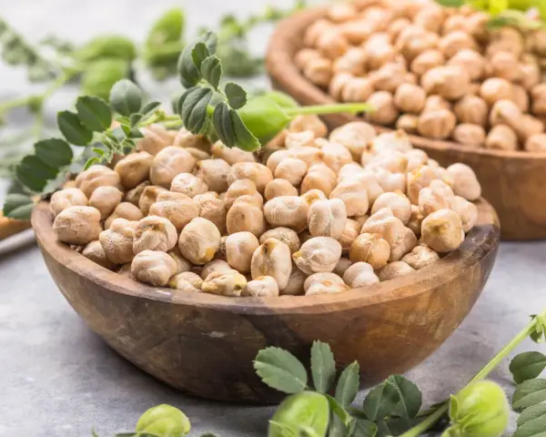 Dos cuencos de madera llenos de garbanzos secos, con hojas verdes y vainas. Los garbanzos tienen fibra, ¡un alimento saludable!
