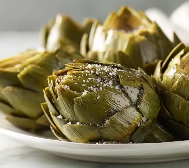 Alcachofas tiernas y sabrosas, recién salidas de la airfryer, espolvoreadas con sal gruesa.