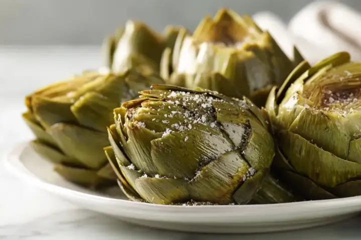 Alcachofas tiernas y sabrosas, recién salidas de la airfryer, espolvoreadas con sal gruesa.