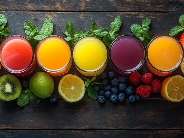 Cinco vasos de zumos de colores vibrantes, rodeados de frutas frescas como limones, kiwis, fresas, frambuesas y arándanos. Una opción saludable de zumos para la anemia.