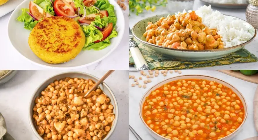 Cuatro platos deliciosos con garbanzos, mostrando sus versátiles garbanzos beneficios en guisos, ensaladas y como hamburguesa.