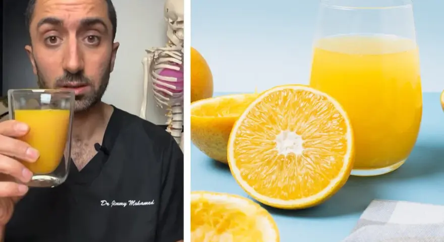 Doctor muestra vaso de zumo de naranja natural, discutiendo sus calorías. Naranjas frescas y un vaso de jugo brillante.