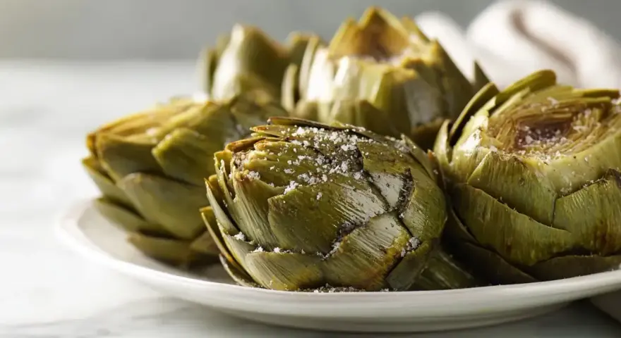 Alcachofas tiernas y sabrosas, recién salidas de la airfryer, espolvoreadas con sal gruesa.