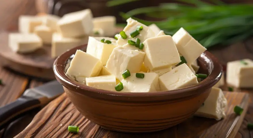 Tofu cortado en cubos, listo para aprender como cocinar tofu. Decorado con cebollín verde.