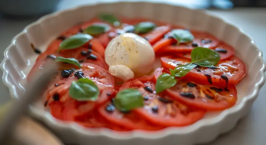 Ensalada Caprese con rodajas de tomate, mozzarella fresca y hojas de albahaca. Perfecta para recetas con albahaca fresca.