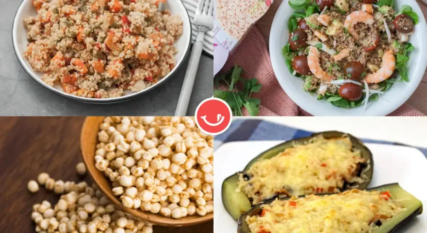 Platos deliciosos con quinoa: ensalada con camarones, berenjenas rellenas y granos de quinoa. ¡Descubre qué es la quinoa!