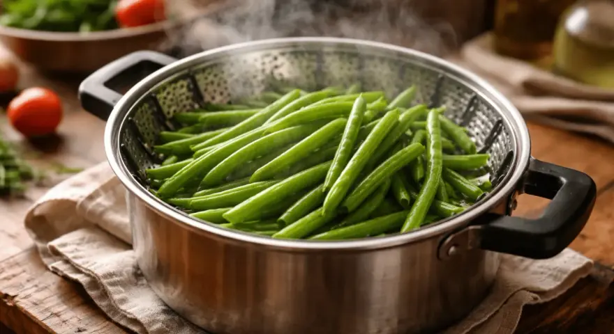 Judías verdes frescas y vibrantes humeando en una vaporera de metal, listas para ser parte de una comida saludable.