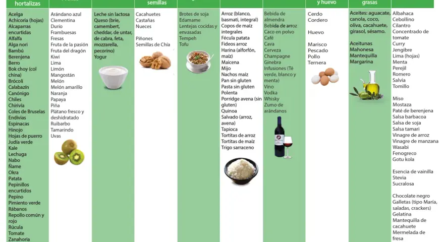Lista de alimentos permitidos en dieta baja en FODMAPS: verduras, frutas, lácteos, frutos secos, legumbres, cereales, bebidas, carnes, pescados, huevos, aceites y otros.