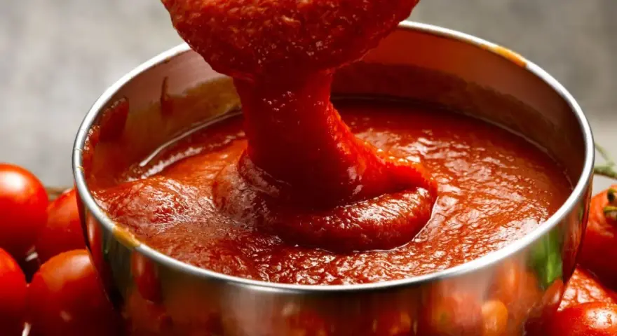 Salsa de tomate italiano espesa cayendo de una cuchara a un cuenco metálico, rodeado de tomates frescos.