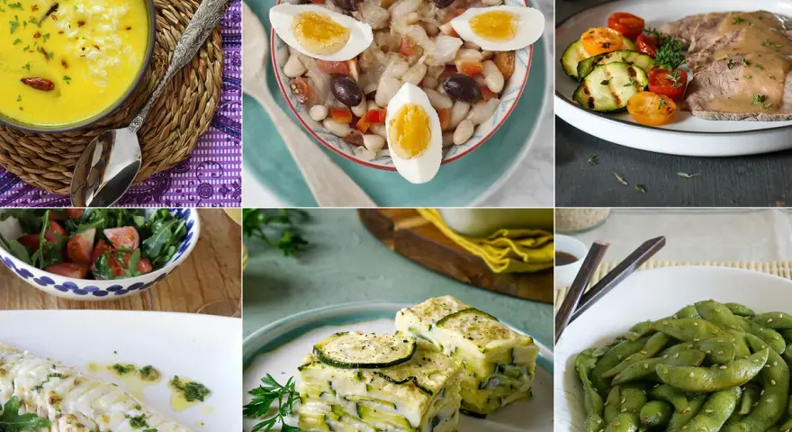 Collage de seis platos: sopa amarilla, ensalada de judías, carne con verduras, pescado al horno, lasaña de calabacín y edamame. Ideas de recetas saludables para comer.