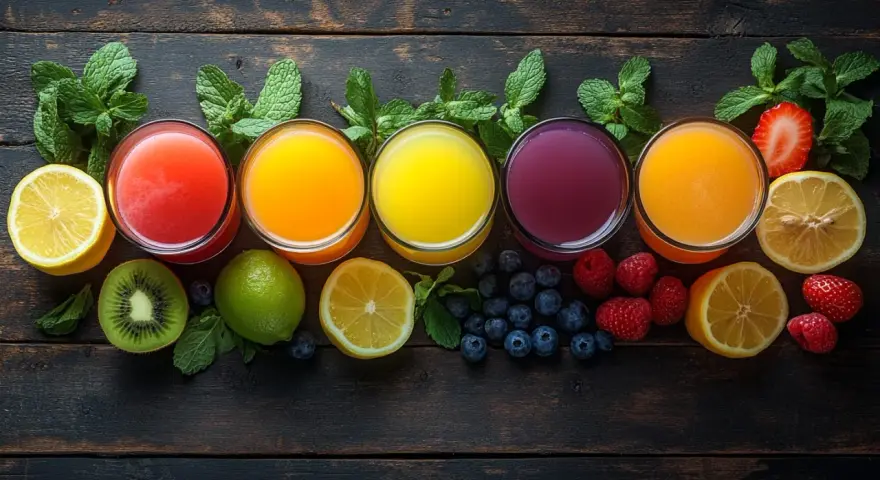 Cinco vasos de zumos de colores vibrantes, rodeados de frutas frescas como limones, kiwis, fresas, frambuesas y arándanos. Una opción saludable de zumos para la anemia.