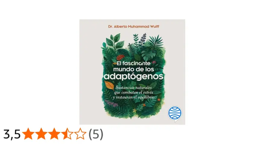 Ilustración de un libro sobre adaptógenos naturales, con plantas exuberantes y el título "El fascinante mundo de los adaptógenos".