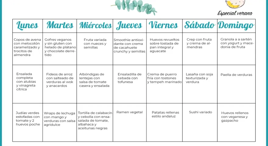 Menú semanal de dieta vegetariana equilibrada, con opciones como crepes, lasaña de soja y paella de verduras.