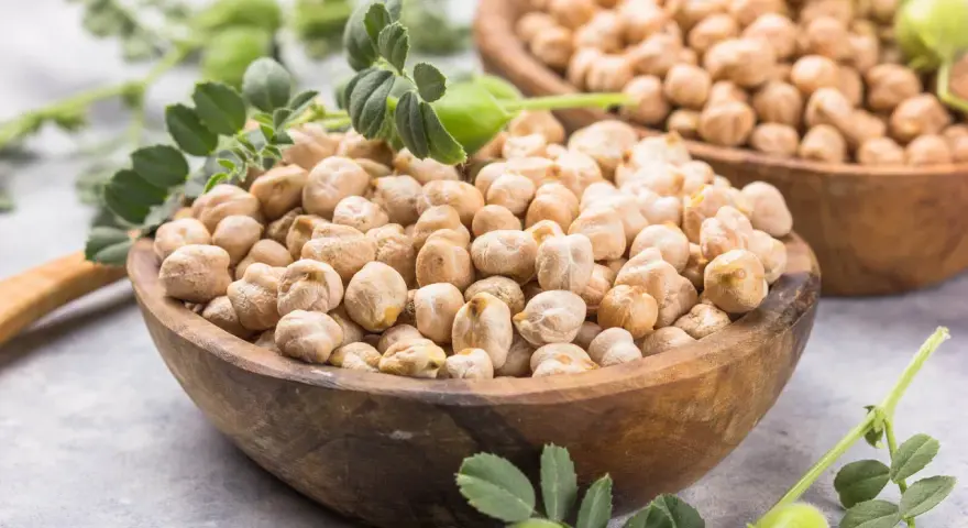 Dos cuencos de madera llenos de garbanzos secos, con hojas verdes y vainas. Los garbanzos tienen fibra, ¡un alimento saludable!