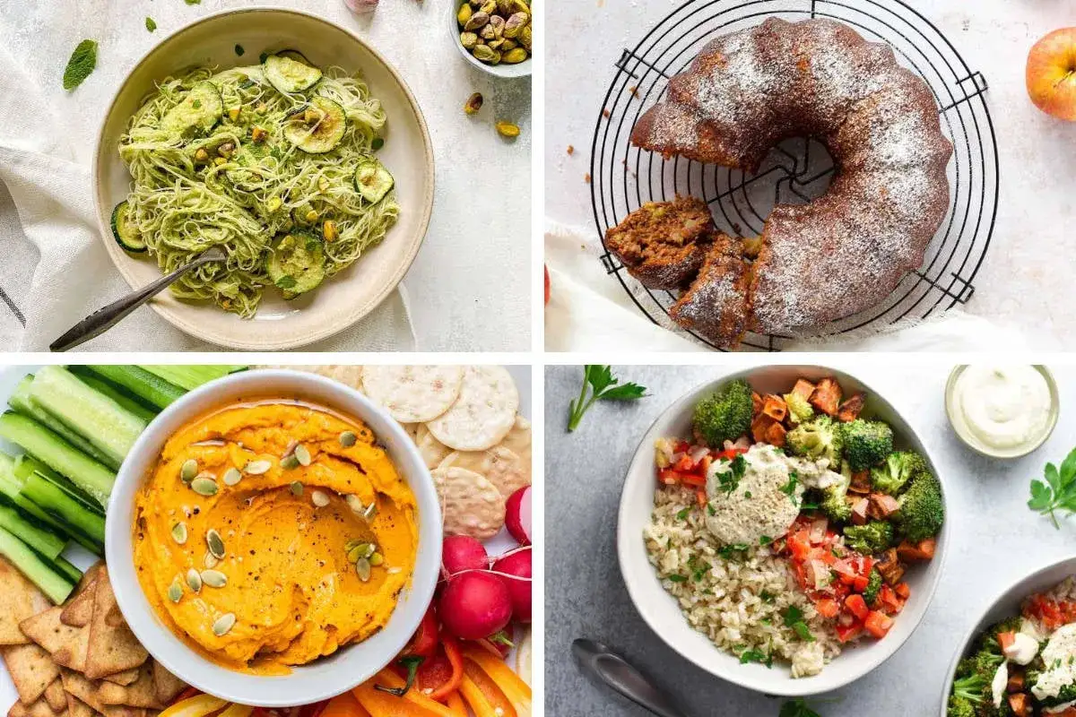 Cuatro platos: pasta verde, bizcocho, hummus con verduras y un bol de arroz con br&oacute;coli. Algunos alimentos histamina pueden estar presentes.