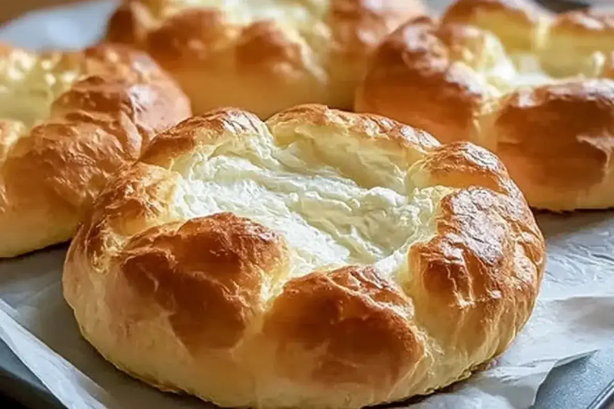 Pan nube dorado y esponjoso, con un interior blanco y tierno que parece una nube.