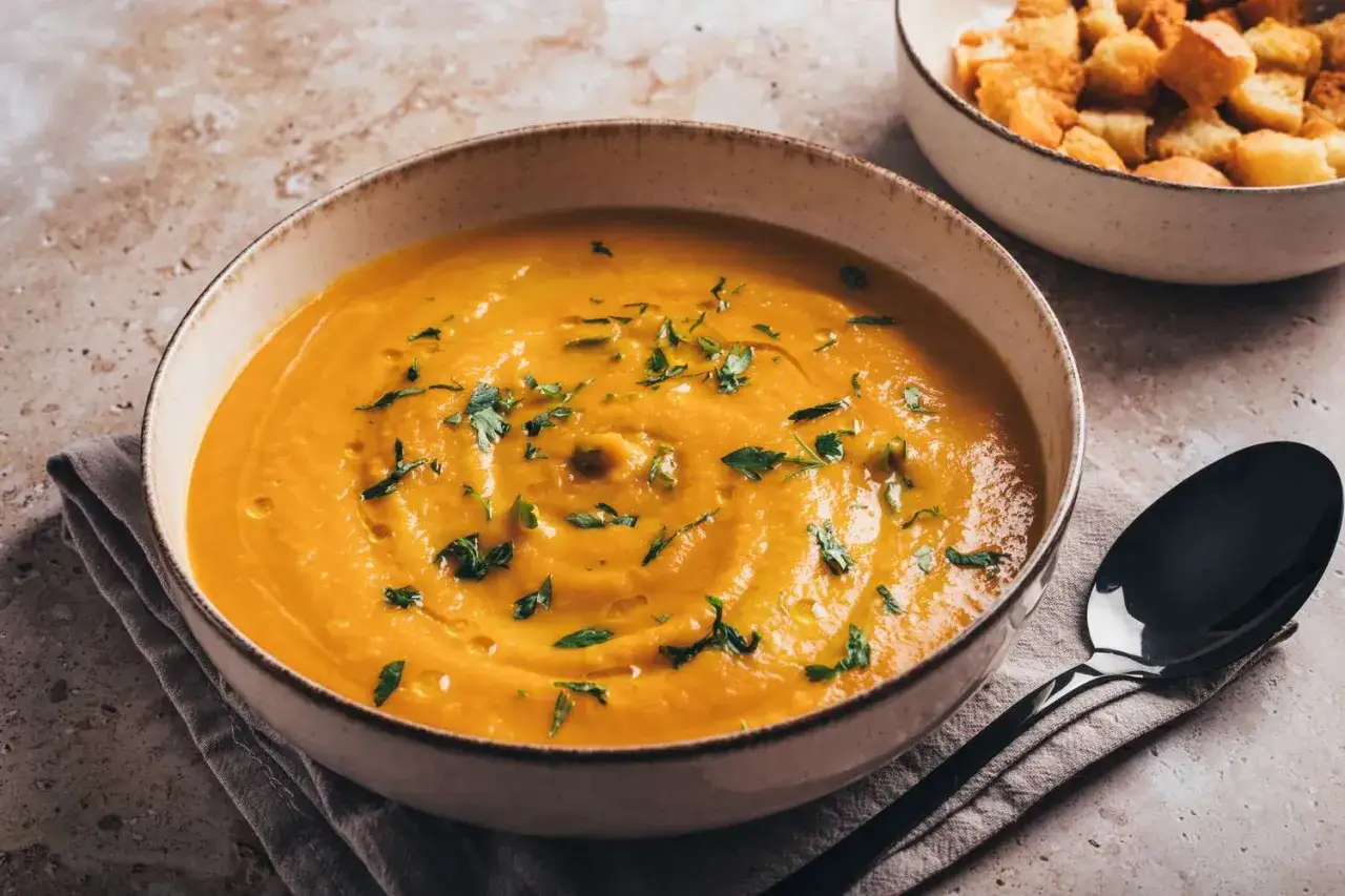 Crema naranja con betacaroteno, que vitamina es, decorada con perejil. Al lado, un bol con picatostes y una cuchara negra.