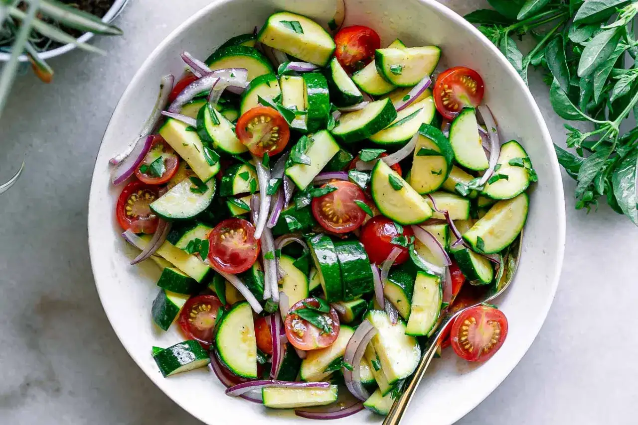 Ensalada de calabac&iacute;n fresca con tomates cherry, cebolla morada y hierbas. Un plato ligero y saludable.