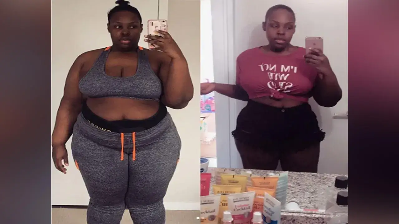 Comparación de antes y después: mujer muestra su progreso en cómo hacer el ayuno intermitente para bajar de peso.