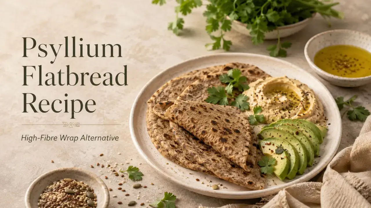Pan plano de psyllium, una alternativa alta en fibra. Servido con hummus, aguacate y aceite de oliva.