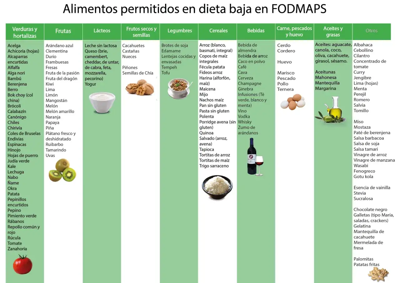 Lista de alimentos permitidos en dieta baja en FODMAPS: verduras, frutas, l&aacute;cteos, frutos secos, legumbres, cereales, bebidas, carnes, pescados, huevos, aceites y otros.
