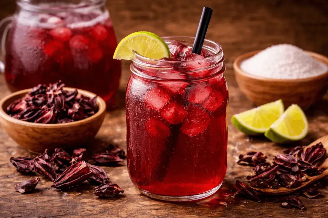 Refrescante agua de jamaica con hielo, rodajas de limón y flor de jamaica seca, lista para disfrutar.