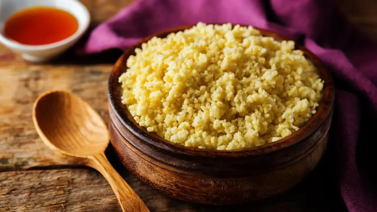 &iexcl;Mijo, qu&eacute; es! Un taz&oacute;n de cusc&uacute;s amarillo, listo para comer, con una cuchara de madera y un peque&ntilde;o cuenco de salsa.