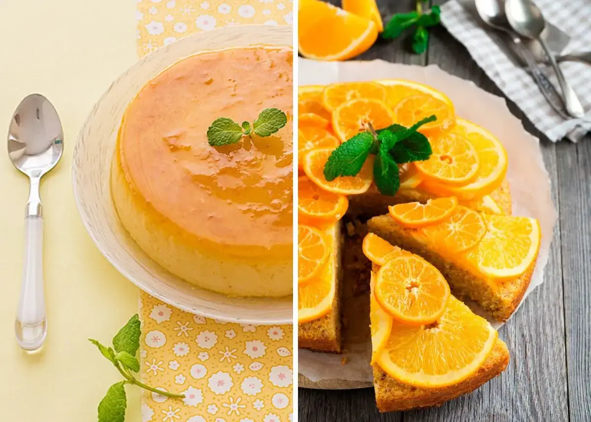 Deliciosos postres con naranjas naturales: un bizcocho decorado con rodajas de naranja y menta, y un flan con glaseado de naranja.