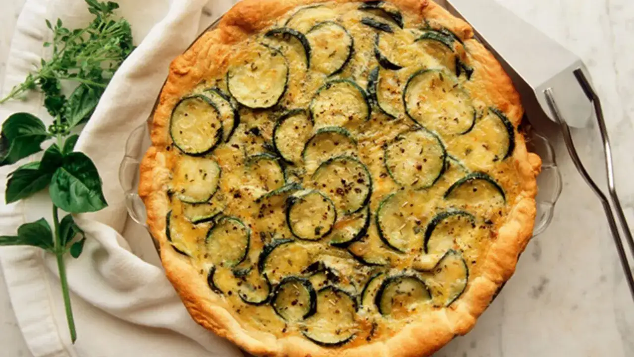 Delicioso quiche de calabac&iacute;n, horneado a la perfecci&oacute;n con rodajas de calabac&iacute;n y hierbas frescas.