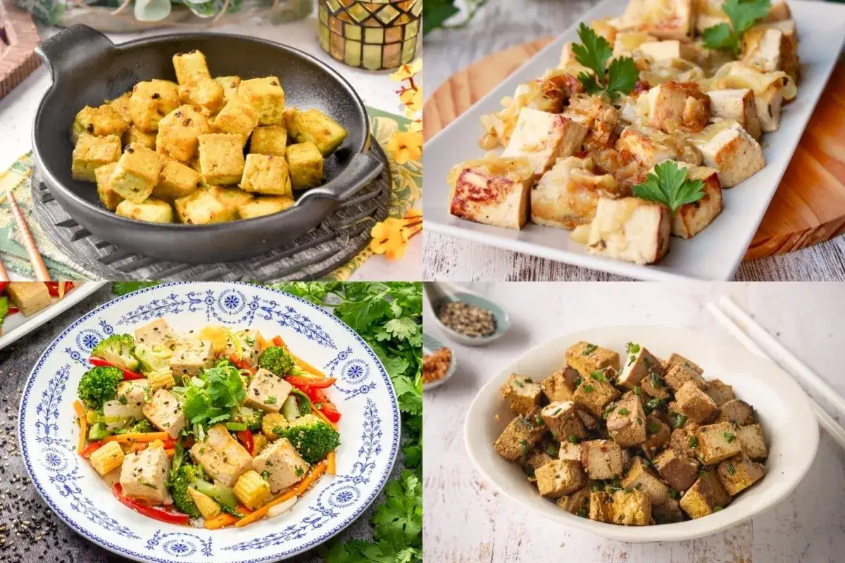 Cuatro platos de tofu: dorado en sart&eacute;n, con cebolla, con verduras y en bol. Descubre a que sabe el tofu.