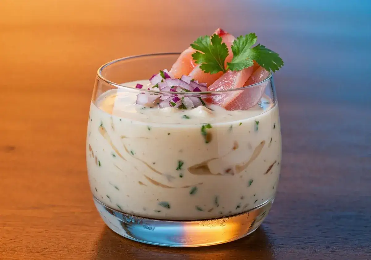 Copa de ceviche con trozos de pescado, cebolla morada y cilantro, bañado en una cremosa leche de tigre.