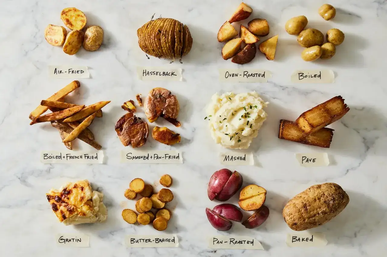 Diversas preparaciones de patatas, mostrando el valor nutricional patata en cada una: fritas, asadas, hervidas, puré y más.