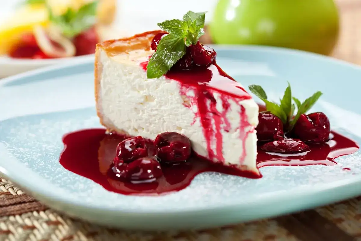 Deliciosa tarta de queso con frutos rojos, cubierta con una salsa roja brillante y decorada con hojas de menta.