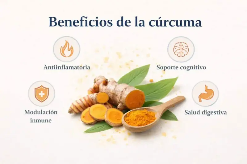 Raíz de cúrcuma y polvo en cuchara, destacando sus curcuma beneficios: antiinflamatoria, soporte cognitivo, modulación inmune y salud digestiva.